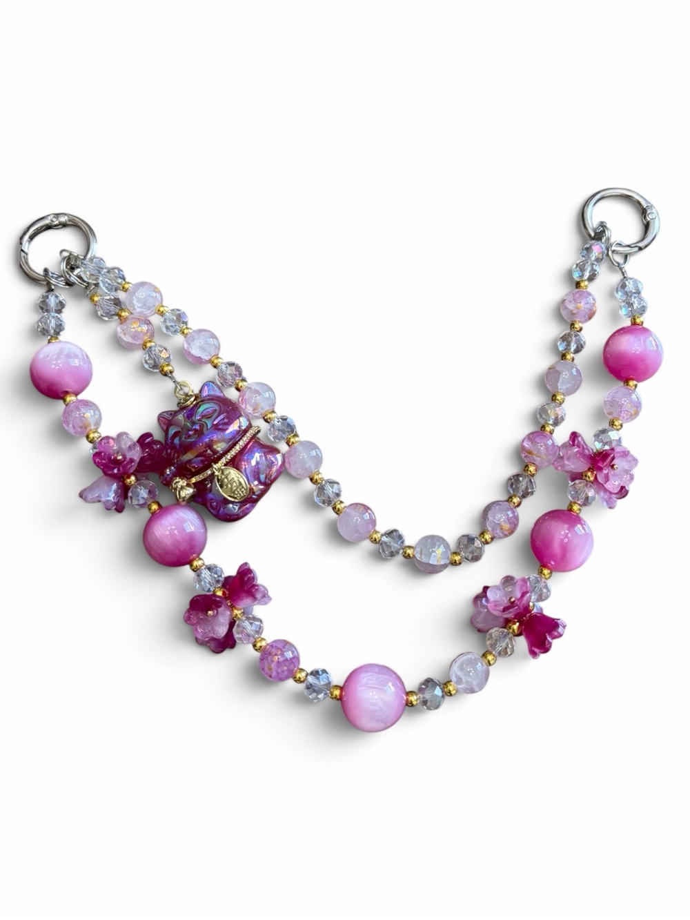 Pink Floral/Cat Double-Strand Bag Charm